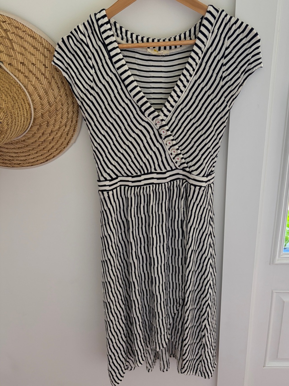 Anthropologie Navy and White Striped Faux Wrap Midi Dress